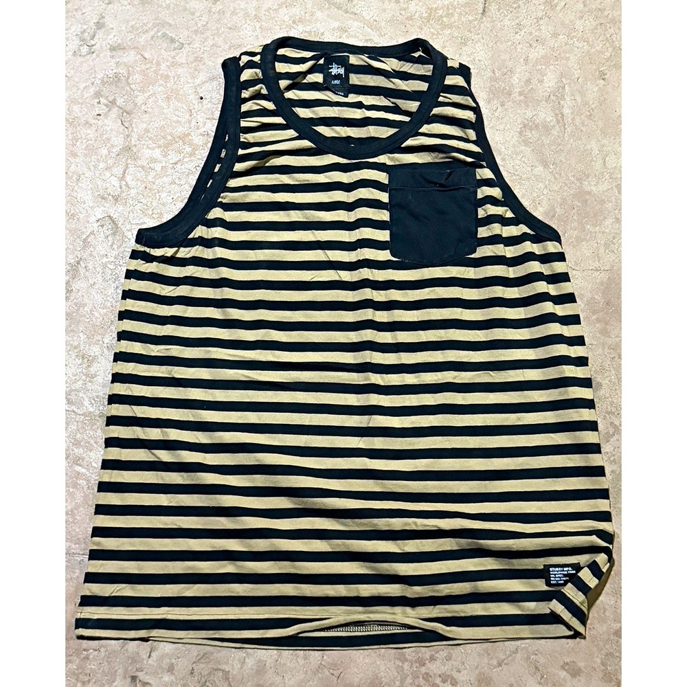 Stussy Men's XL Black/Beige Striped Pocket Tank Crew Neck Cotton Sleeveless